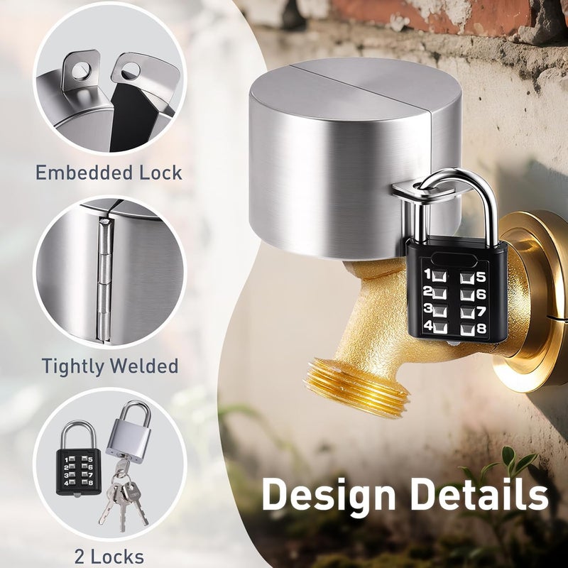 DOCEPERT Outdoor Faucet Spigot Lock,2 Locks Water Faucet Locks Outdoor with Metallic Stainless Steel Gate Valve Lock Protecting Water from Unauthorized Use and Vandalism for 1.3-2.5" Valves Hose Bibs (Silver) - Image 2